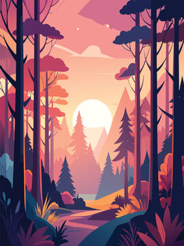 
Vibrant Autumn Forest Path Leading to Glowing Sun Between Mountain Peaks, Colorful Pink Purple Orange Trees Vector Illustration for Fantasy Nature Poster and Wallpaper.
