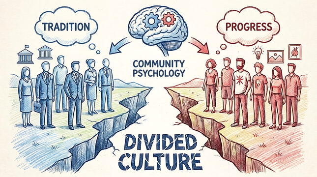 Societal polarization concept featuring ideological division between conservative and liberal groups within a community representing cultural warfare, political conflict, and social psychology.