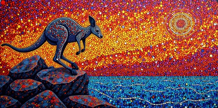 Colorful Aboriginal art kangaroo jumping on a rocky outcropping, #Kangaroo, #NatureInspired