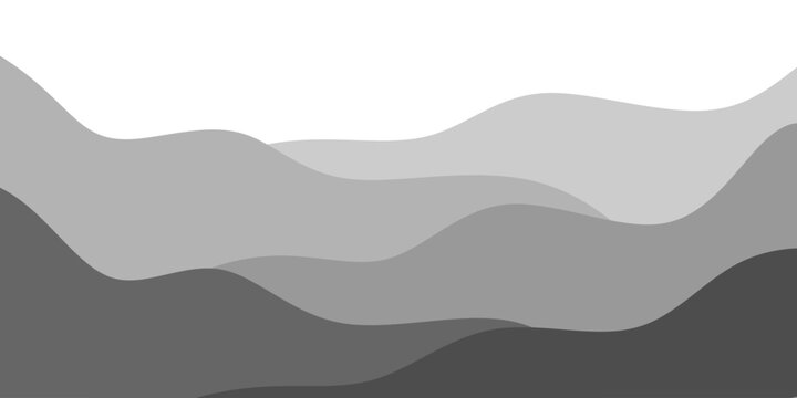 Vector illustration of an abstract background. Black and white and gray abstract background vector illustration with waves featuring silhouettes of a mountainous landscape under a misty morning sky.