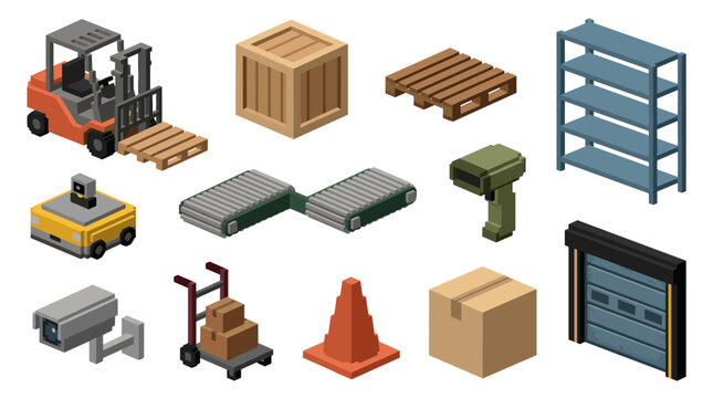 A collection of isometric logistics icons including a forklift, conveyor belt, pallet, and warehouse security camera set against a clean white background in flat style.