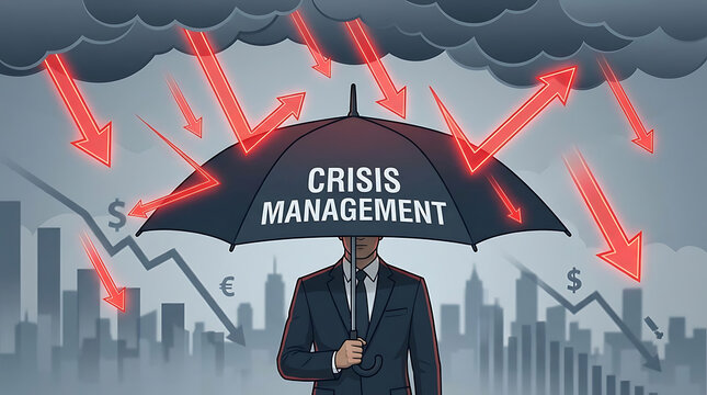 Protective Umbrella Shielding a Business Against Sharp Falling Arrows Symbolizing Corporate Resilience and Crisis Management During Financial Downturn and Economic Risk Situations.