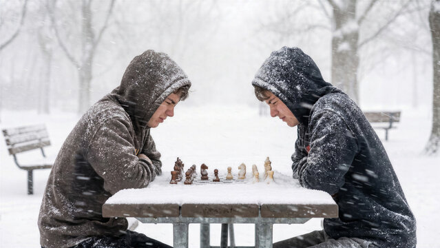 Two teenagers playing chess in an open field during a blinding whiteout blizzard with frozen snowflakes on board