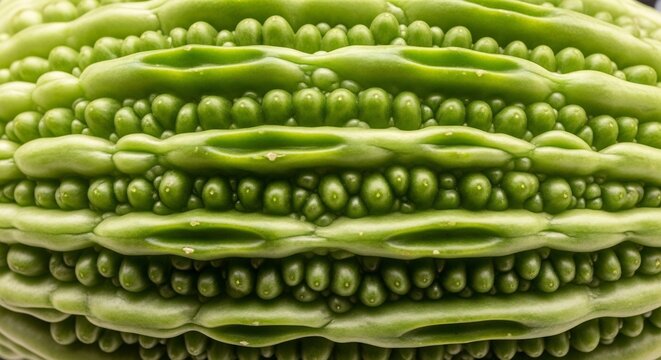 Close up macro shot of a bitter melon with its unique bumpy texture.