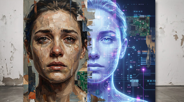 The human face split between realism and digital technology in a striking portrait
