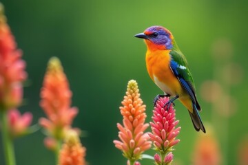 Fototapeta premium Colorful bird perched on blooming flower stalks, birds, colorful