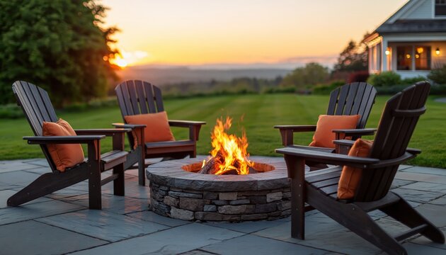 Firepit in a cozy backyard with adirondack chairs at sunset for outdoor relaxation