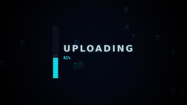A dark digital uploading screen with a vertical blue progress bar, surrounded by small glowing squares and faint grid lines