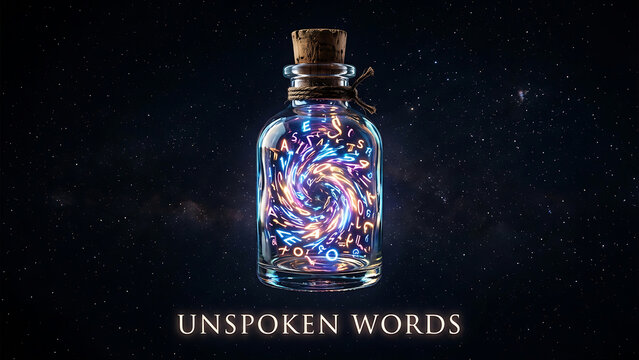 A mystical glass bottle filled with swirling colorful lights and tiny particles floats in a dark starry night sky with Unspoken Words.
