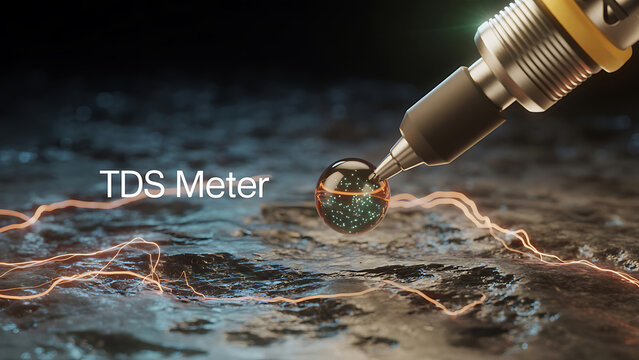 A TDS Meter device measures water quality with a glowing drop on a dark textured surface.