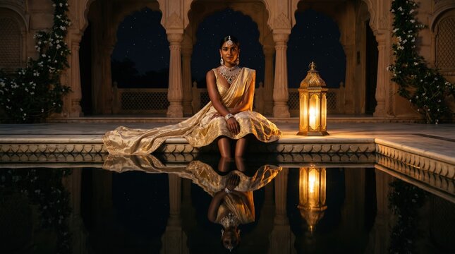 Indian Bride in Golden Saree Sitting by Pool at Night
