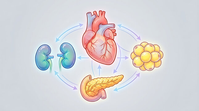 Medical Illustration of Cardiovascular Kidney Metabolic Syndrome Showing Multisystem Disorder Affecting Heart Pancreas Adipose Cells and Renal Organs in Human Anatomy Biology Visualization