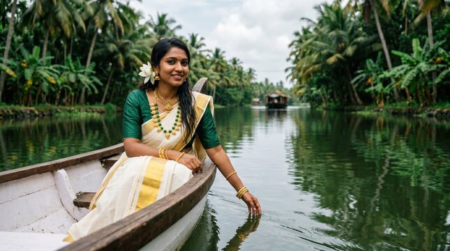 Woman in Sari on Boat in Kerala Backwaters, India