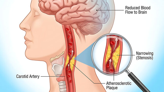 Medical illustration of carotid artery disease showing atherosclerosis plaque buildup, vessel narrowing, stenosis, and interrupted blood flow to the brain, highlighting vascular blockage risk.