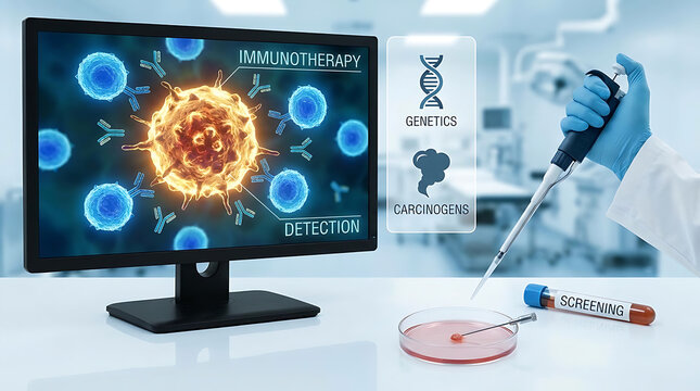 Microscopic visualization of malignant cancer cell detection and medical screening for genetic mutation treatment showing immunotherapy symbol and biopsy testing for carcinogen pathology
