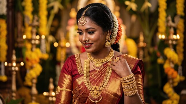 Indian Bride in Traditional Red Saree and Gold Jewelry