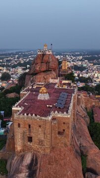 Vertical Aerial View of Rockfort Temple and Tiruchirappalli City Tamil Nadu India