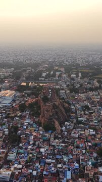 Vertical Aerial View of Rockfort Temple and Tiruchirappalli City Tamil Nadu India