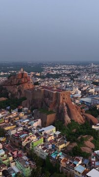 Vertical Aerial View of Rockfort Temple and Tiruchirappalli City Tamil Nadu India