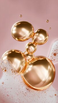 Ultra-realistic macro of golden oil molecules floating in air, connected by thin fluid bridges forming organic structures, surrounded by soft airy soap foam with microbubbles and glossy highlights