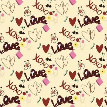 Valentine's Day love doodle seamless pattern, whimsical cream background with teddy bears, hearts, and romantic typography for gift wrapping and stationery. Holiday seasonal pattern 