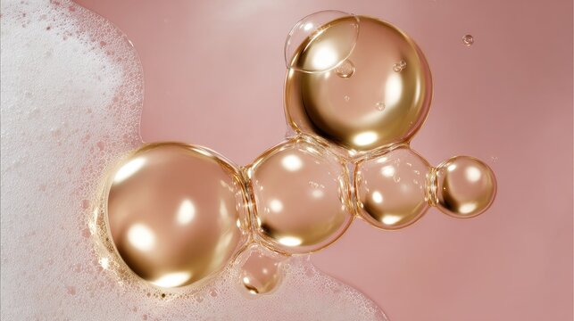 Ultra-realistic macro of golden oil molecules floating in air, connected by thin fluid bridges forming organic structures, surrounded by soft airy soap foam with microbubbles and glossy highlights