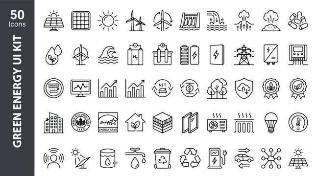 Green energy line icon set featuring solar panel, wind turbine, renewable power, electric vehicle charging, recycling, sustainable house, geothermal, biomass, and smart grid vector illustration.