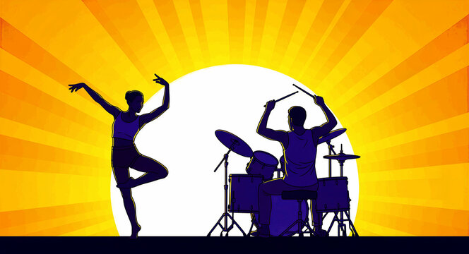 Silhouette of a female dancer and male drummer performing on stage. Vibrant orange sunburst background with retro rays framing the artistic performers. Music and dance performance concept.