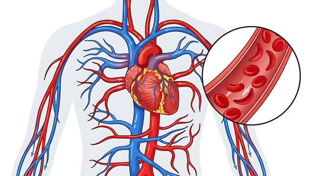 Anatomical Illustration of Human Heart Organ Showing Blood Circulation and Cardiovascular System Within Internal Biology and Medical Physiology Infrastructure for Health Science Education.