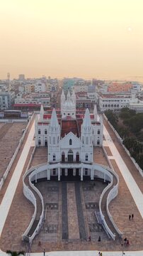 Vertical Aerial View of Basilica of Our Lady of Good Health Velankanni Tamil Nadu India