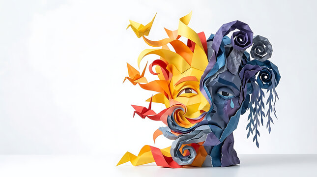 Bipolar Disorder Mental Health Concept Represented by Paper Head Profile with Dual Facial Expressions Depicting Cycles of Manic Joy and Depressive Sadness Symbolizing Emotional Volatility