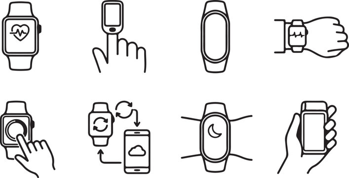 Wearable technology icons set smartwatches fitness trackers and mobile health