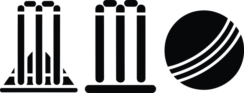 Cricket stumps and ball icons set in outline and solid styles with clean on white background