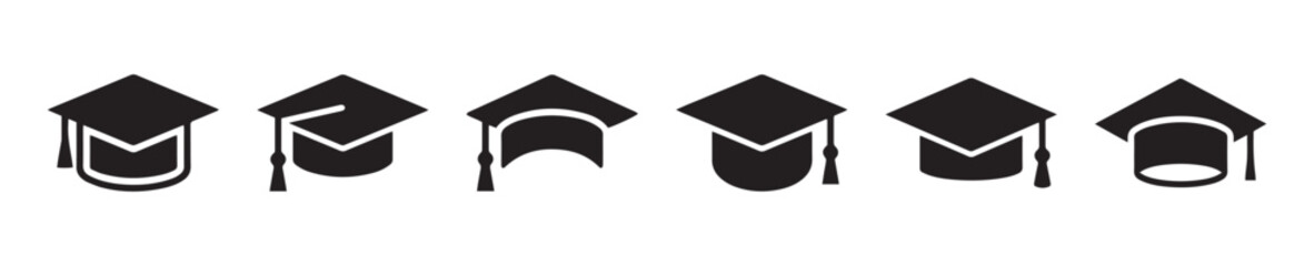 Set of  graduation cap academic mortarboard hats collection university college graduate degree student education success ceremony cap flat line black silhouette style vector © Design Studio