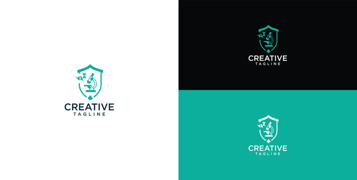 Abstract shield and microscope logo concept representing scientific research, laboratory safety, and medical innovation with a focus on protected discoveries