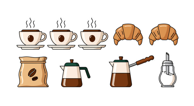 Delicious Morning Breakfast Set Featuring Hot Coffee Cups Croissants And Essential Coffee Making Tools Such As A Coffee Bag A Sugar Dispenser And Two Stovetop Coffee Pots Representing A Complete
