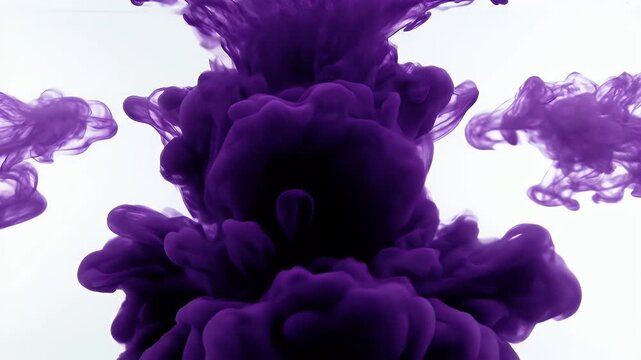 A mesmerizing abstract image showcases swirling purple ink dispersing in water, creating a dynamic and artistic visual effect against a stark white background.