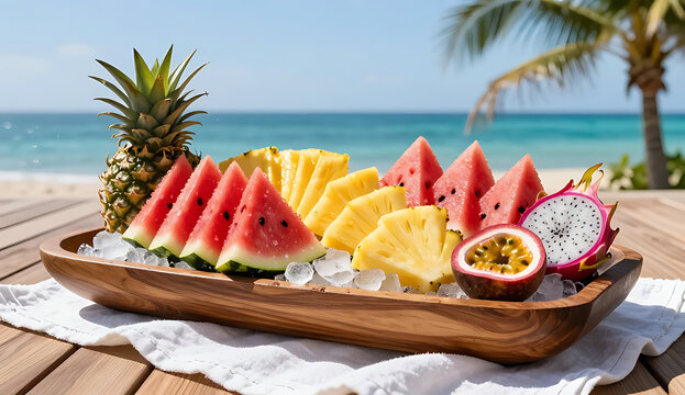 Tropical fruit platter with pineapple, watermelon, and dragon fruit on wooden tray by beach