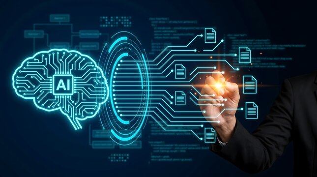 Businessman drawing artificial intelligence brain hologram connecting to digital document files symbolizing automated machine learning data processing and futuristic document management
