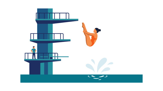 Diver performing acrobatic jump from high diving board into water.