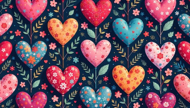 Colorful heart seamless pattern with tiny floral details , vibrant, designs
