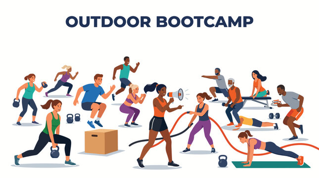 Diverse group of people engaged in outdoor fitness bootcamp exercises.
