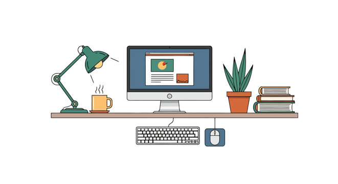 Organized desk setup featuring a desktop computer display showing charts and graphs a steaming mug an adjustable lamp a potted plant a keyboard a mouse and stacked books illustrating a