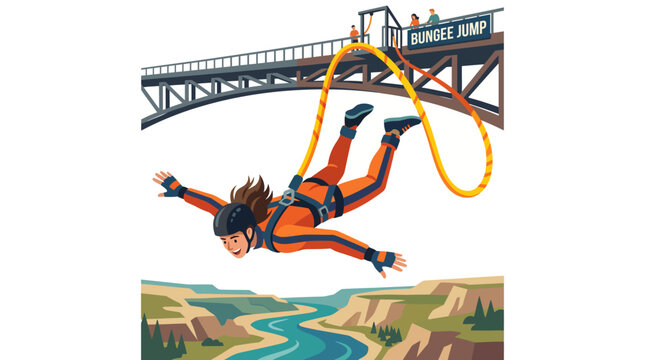 Person bungee jumping from a bridge over a canyon river.