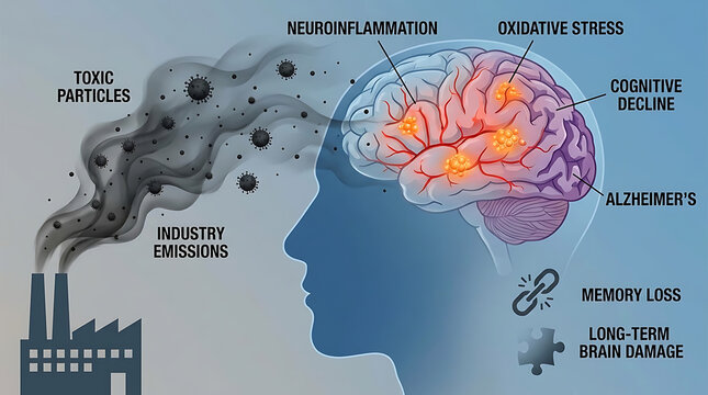 Microscopic toxic particle from air pollution causing neuroinflammation and cognitive decline leading to Alzheimers disease memory loss and chronic brain health damage from oxidative stress