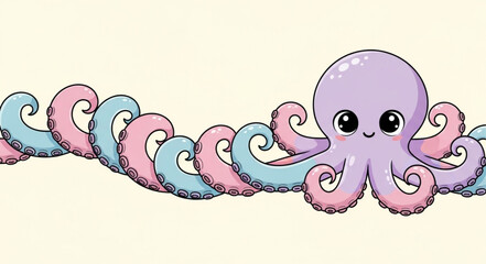 Cute cartoon purple octopus with wavy tentacles illustration. © Ki