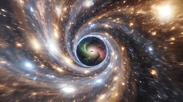 A stunning artistic depiction showcases a swirling black hole surrounded by a vibrant accretion disk against a backdrop of countless stars in deep space.