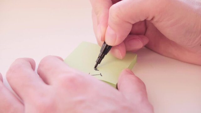Close-up of hand writing the phrase "I am sorry" with a black marker on a block of yellow stickers. Video footage of the process of apology and repentance.
