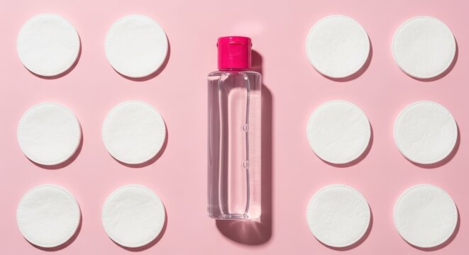 Clear bottle of micellar water surrounded by white cotton pads on a pink background