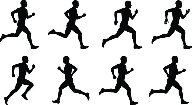 Running man silhouette collection showing sprinting and jogging motion sequence, athletic male figure isolated on white background, dynamic fitness sport action concept set.